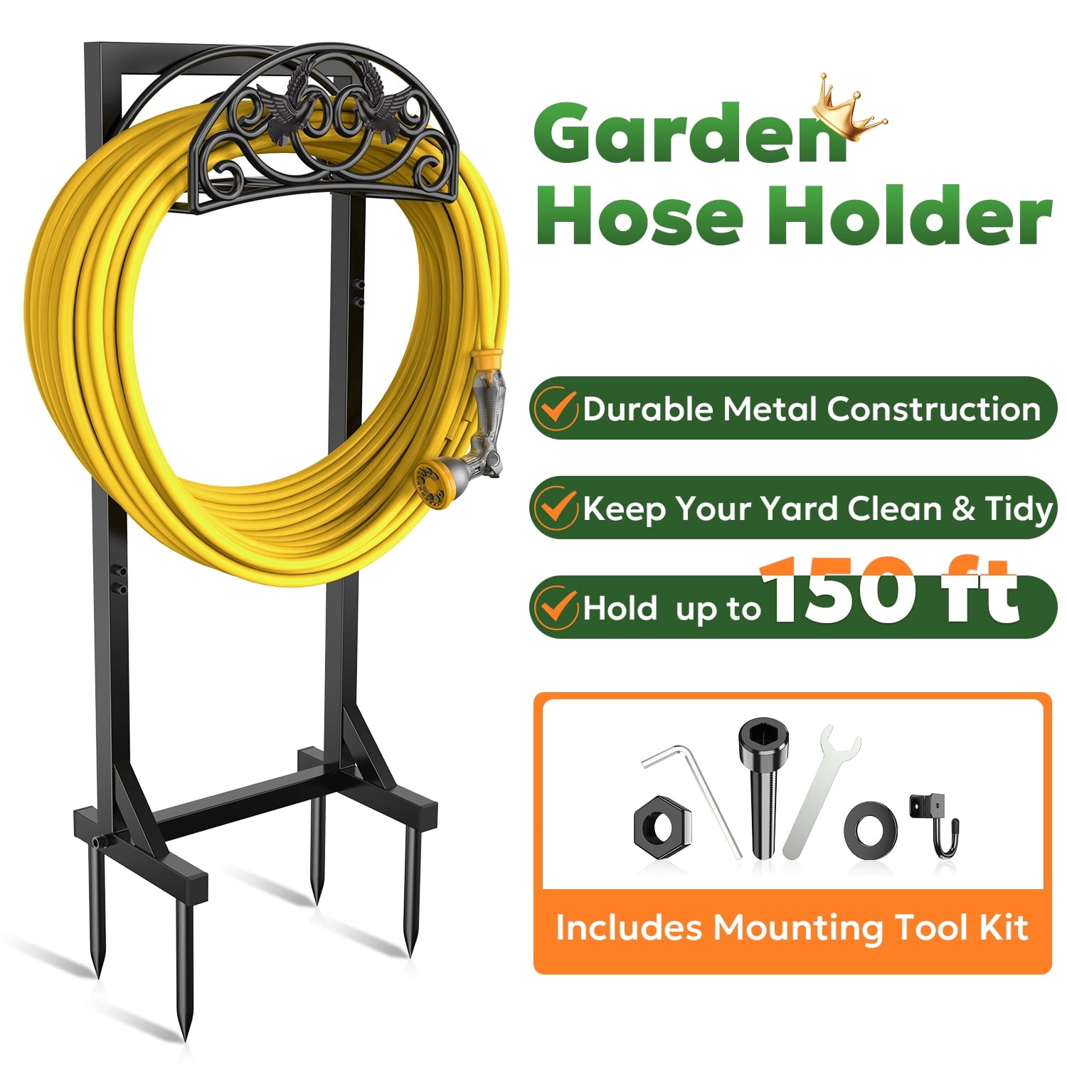 Garden Hose Holder Freestanding with 4 Spikes, Heavy Duty Metal Hose Hanger, Detachable Outdoor Hose Reel Rack Organizer
