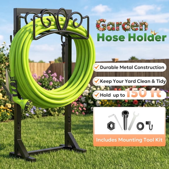 Garden Hose Holder, Heavy Duty Freestanding Hose Hanger Holds 150ft Hose, Outdoor Detachable Metal Water Hose Holder Stand Rack for Yard Lawn