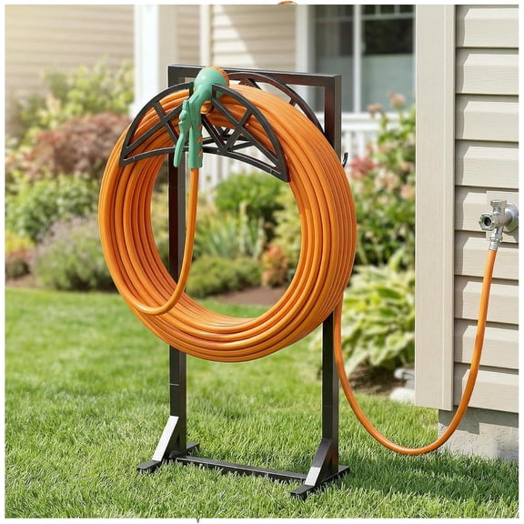 Garden Hose Holder, Heavy-Duty Water Reel with Stable Base & 2 Tool Hooks, Freestanding Storage Rack for Outside, Holds 150ft Metal Stand Yard Lawn