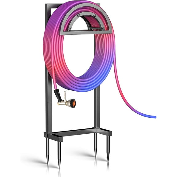 Garden Hose Holder, Outdoor Freestanding Heavy Duty Water Hose Holder Reel with 4 Spikes Holds 150-ft Water Pipe, Detachable Metal Hose Storage Stand Hanger Rack for Outside Yard Lawn Farm, Black