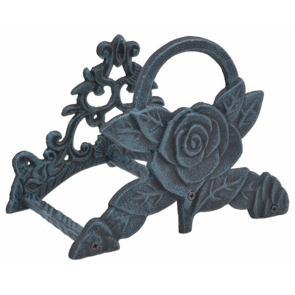 Garden Hose Holder - Rose Flower - Verdigris Cast Iron - 9.5" Wide