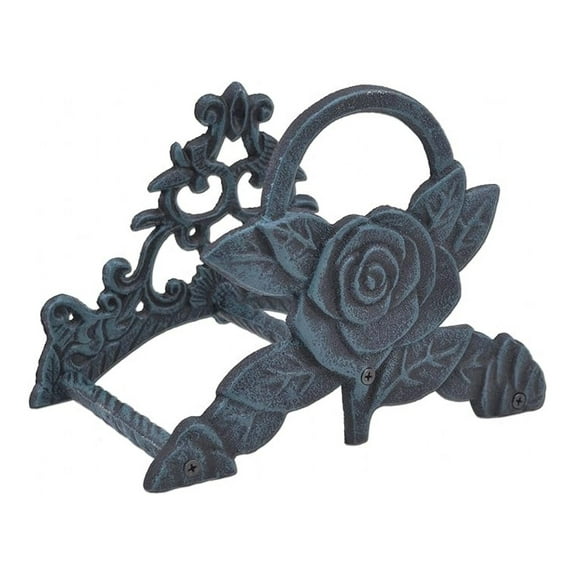 Garden Hose Holder Rose Flower Verdigris Cast Iron Hanger Reel - 9.5" Wide Decorative Outdoor Hose Reel - Sturdy Cast Iron Garden Hose Storage - Floral Garden Decor