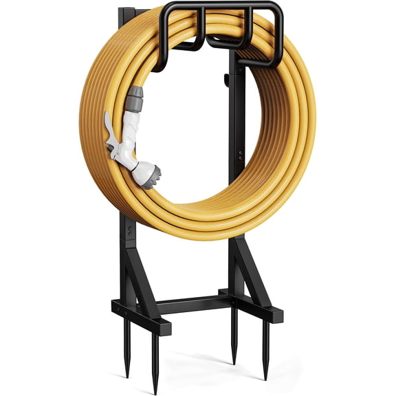 Garden Hose Holder Stand, Freestanding Heavy Duty Metal Hose Holder with Stable Base and Tool Hooks, Rustproof Water Hose Storage Rack for Outside Yard Lawn