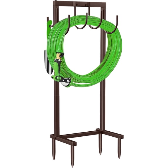 Garden Hose Holder Water Hose Holder with 4 Spikes Freestanding Garden Hose Stand Hose Storage Sturdy Hose Hanger Hose Reel Heavy Duty 6 Hooks Hose Organizer Hose Holder for Outside,Bronze
