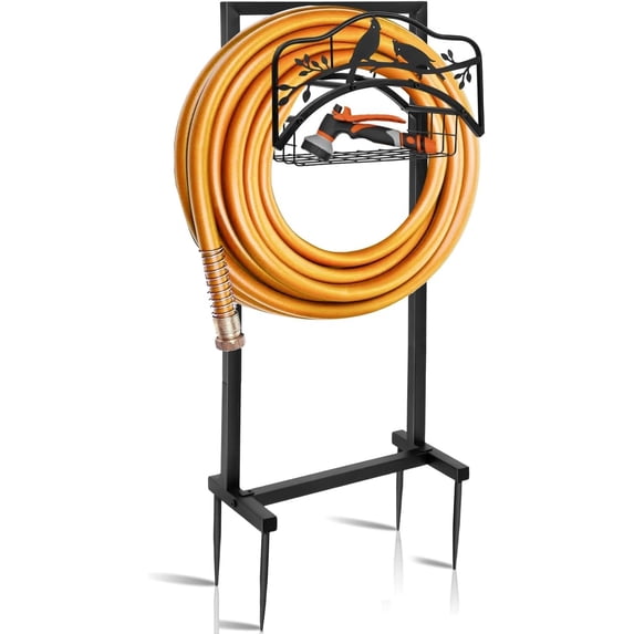Garden Hose Holder With 4 Spikes, Freestanding Metal Hose Reel for Outside Garden, Detachable Water Hose Hanger Organizer for Yard Lawn