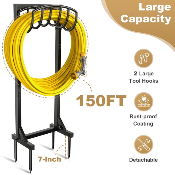 Garden Hose Holder, Freestanding Water Hose Holders with 4 Spikes & 2 Tool Hooks, Heavy Duty Metal Garden Organized Hanger