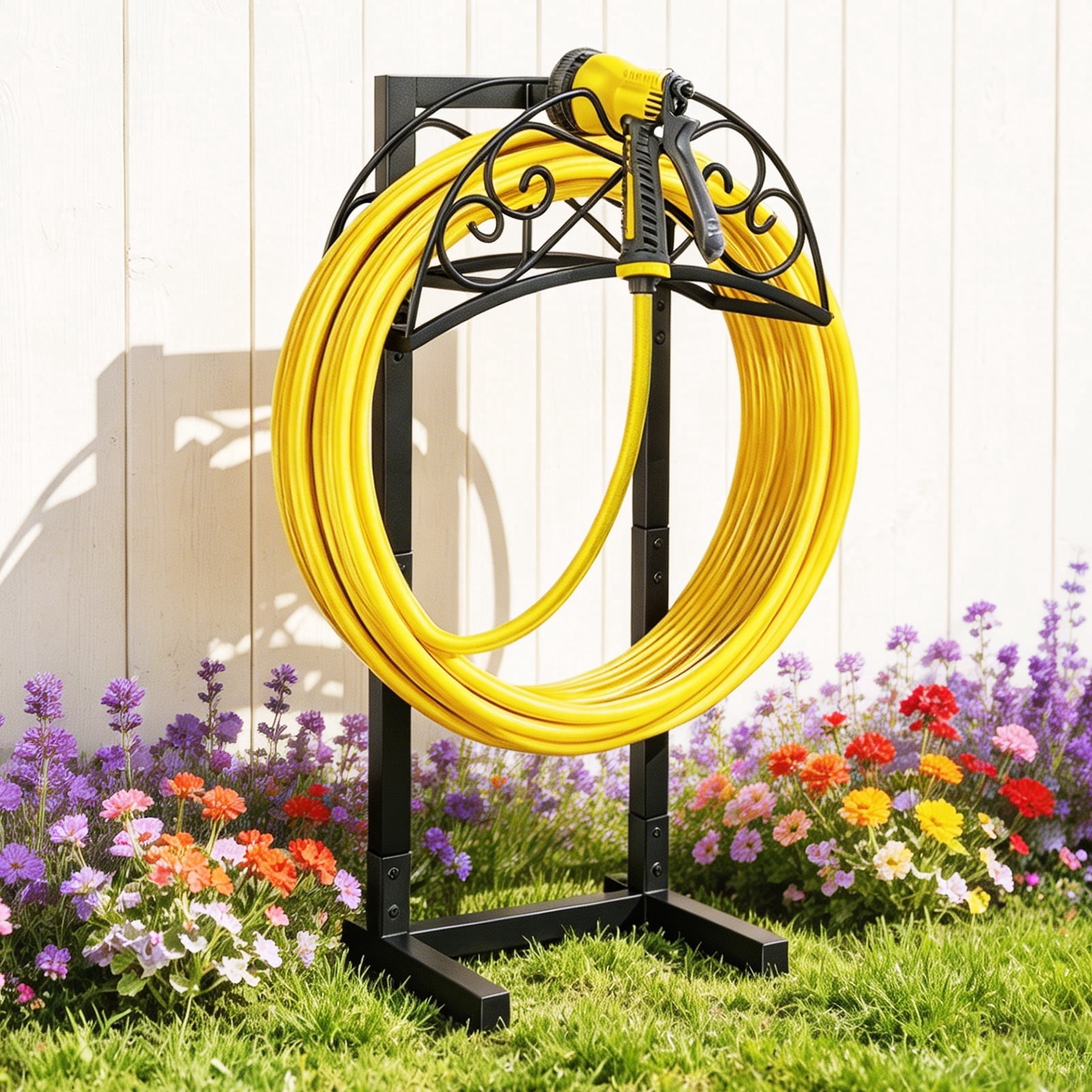Garden Hose Holder with 4 Spikes Metal Hose Reels for Outside Holds 160 FT Hose, Heavy-Duty Waterhose Holder for Lawn Yard Farm, Black