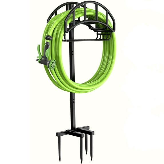 Garden Hose Holder with Basket, Freestanding Water Hose Reels Hanger, Detachable Heavy Duty Metal Water Hose Storage Stand Rack