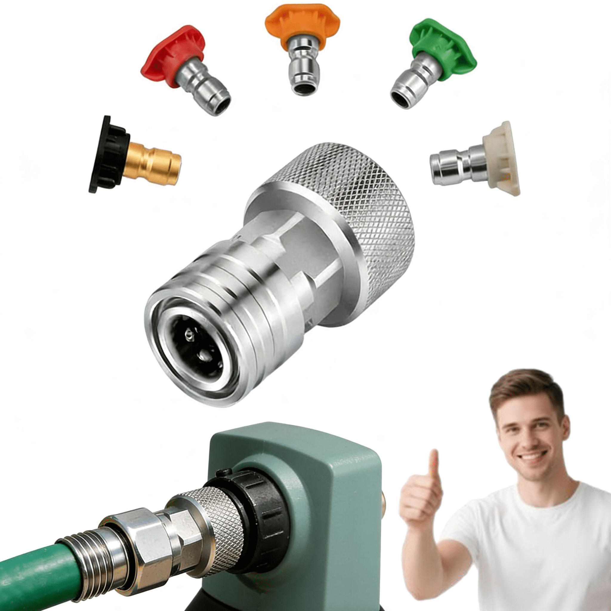 Garden Hose to Mini Power Washer Adapter-3/4" GHT to 1/4", Convert Water Hose to Power Washer Connector, Pressure Washer Spray Nozzle Tip Set with 5 Multiple Degrees Nozzle