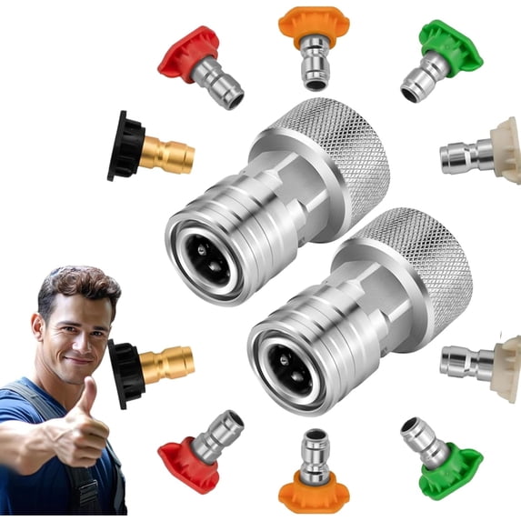 Garden Hose to Mini Power Washer Adapter-3/4 GHT to 1/4", Garden Hose Pressure Washer Attachment, Convert Water Hose to Power Washer Connector, Stainless Steel (2 Connector +10 Nozzle Set)