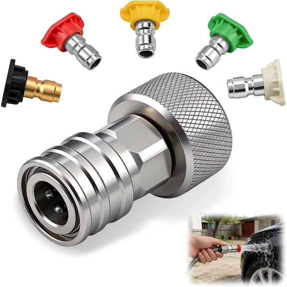 Garden Hose to Mini Power Washer Adapter, 3/4" GHT to 1/4" Quick Connect, Convert Water Hose to Power Washer Connector, Garden Pressure Washer Attachment(Connector +5 Nozzle Set)