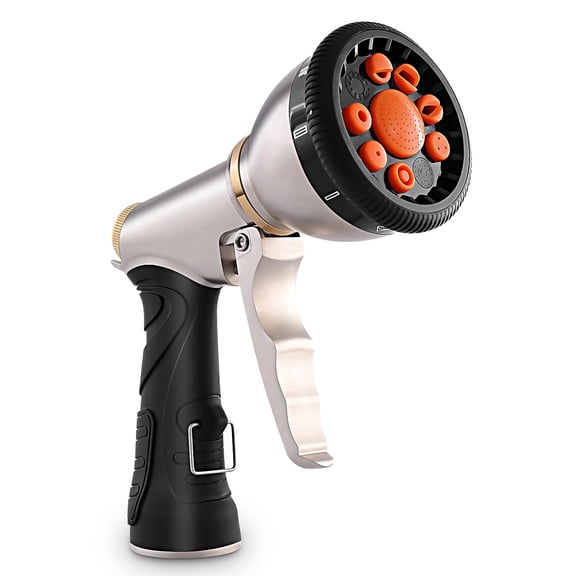 Garden Hose Nozzle with 9 Adjustable Spray Patterns, 100% Metal Heavy Duty Water Hose Nozzle, High Pressure Hand Hose Sprayer with Soft Rubber Grip for Watering Plants & Lawns