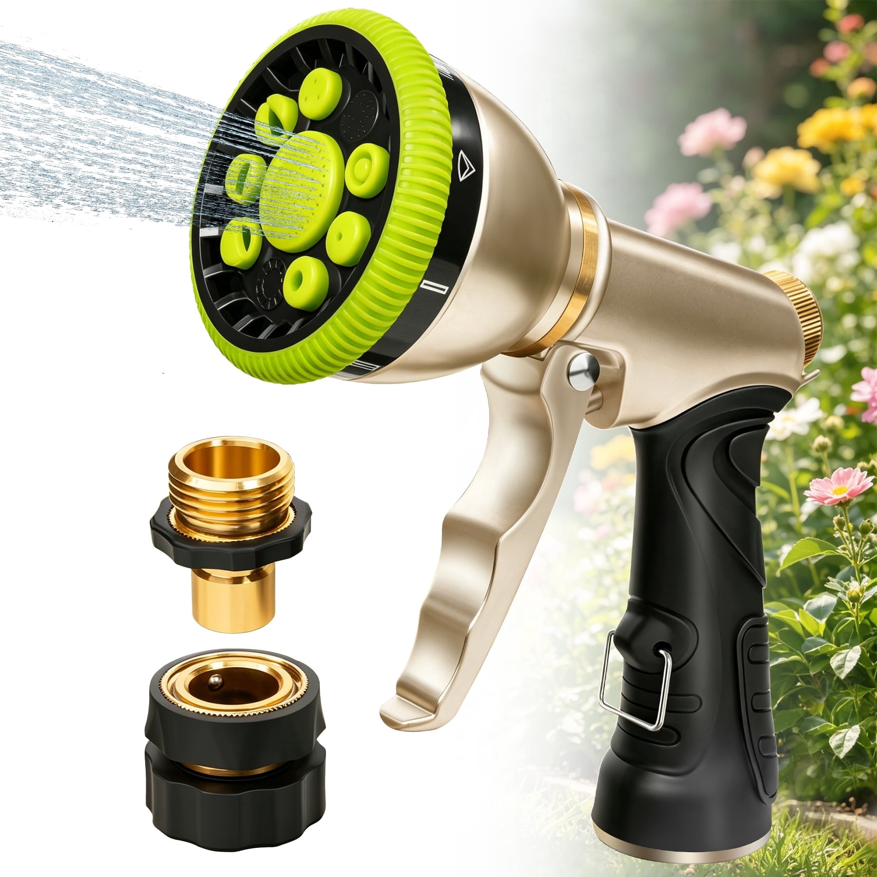 WEXLYN 9-Pattern Hose Sprayer Nozzle, Heavy Duty Metal, High Pressure for Watering Plants, Lawns, Car and Pet Washing Adjustable Flow, Green