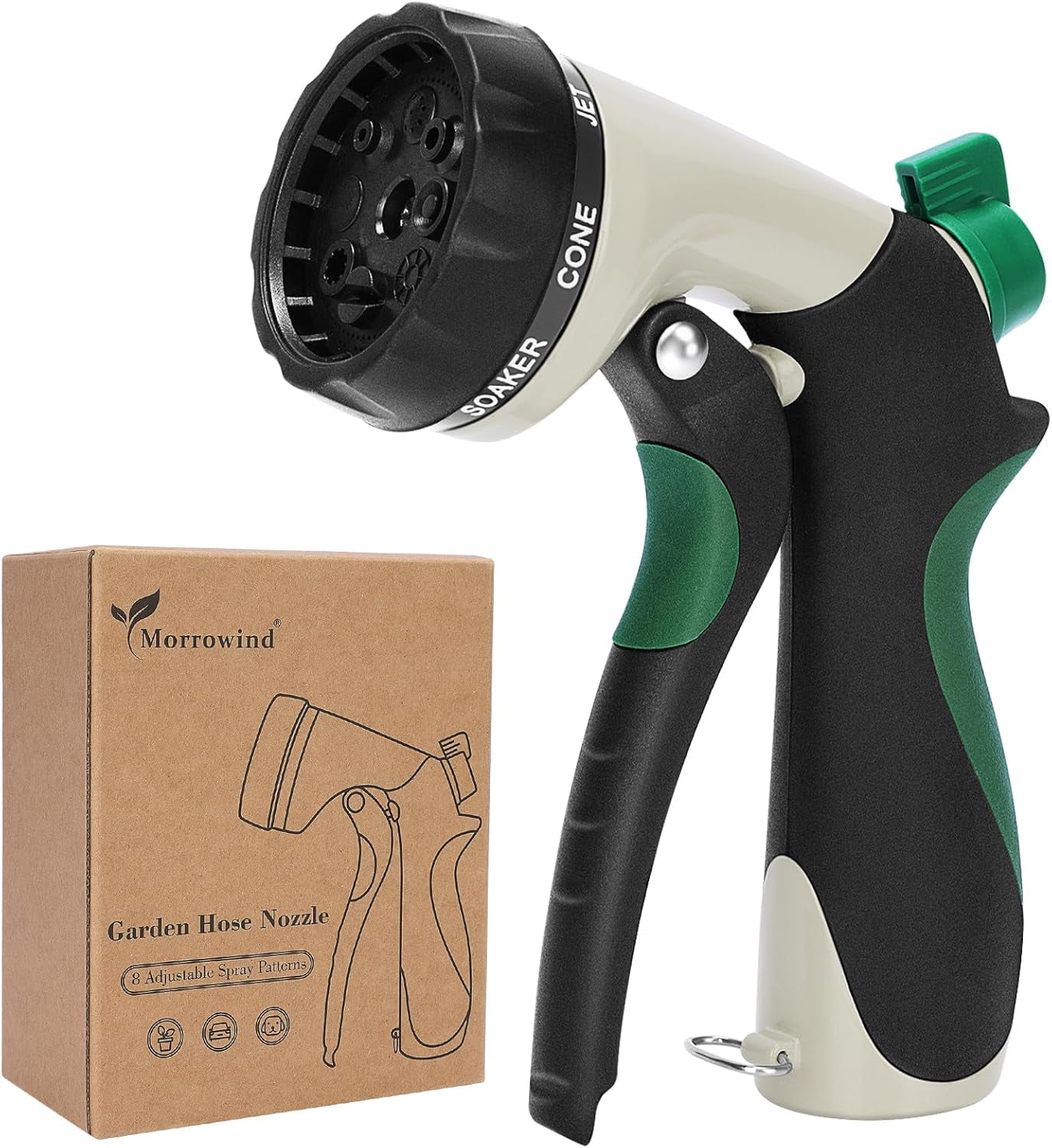 Garden Hose Nozzle, Heavy Duty Metal Water Nozzle with 8 Adjustable Spray Patterns, High Pressure Ergonomic Flow Control for Watering Plants, Lawns, Washing Cars, Pets, Black with Green