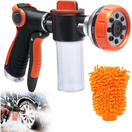 Garden Hose Nozzle, High Pressure 8 Spray Patterns Hose Sprayer with 3.5 oz/100 cc Soap Dispenser Bottle, Metal Car Wash Foam Gun with A Coral Fleece Car Wash Mitt