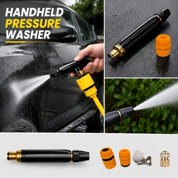 Garden Hose Nozzle, High Pressure Hose Nozzle, Brass Hose Nozzle, Pressure Washer Hose Attachment, Metal Black Finish Handheld High Power Wand with 3 Pack Garden Hose Quick