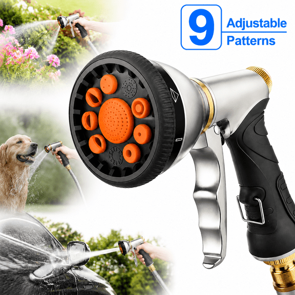 Garden Hose Nozzles 9 Adjustable Patterns Hose Spray Nozzle Heavy Duty Metal Hose Nozzle Spray Gun Slip Resistant Water Sprayer for Cleaning/Watering Lawn Garden/Pets Shower/Car Washing