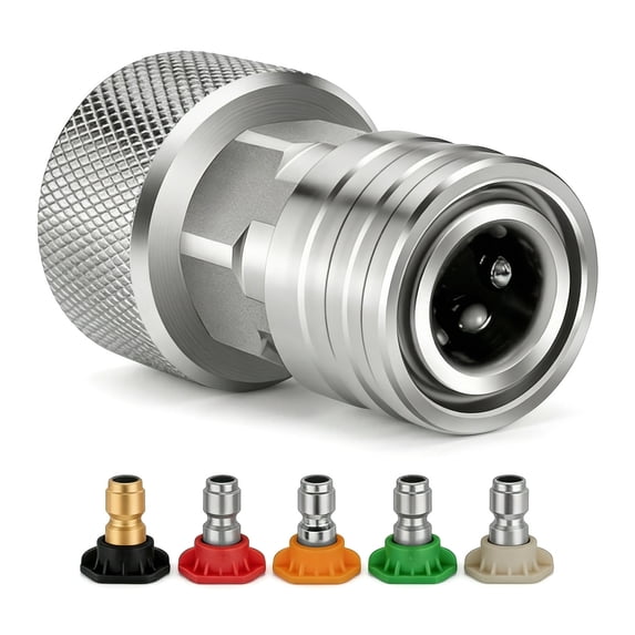 Garden Hose to Pressure Washer Adapter, 3/4" GHT to 1/4" Quick Connect, Convert Water Hose to Power Washer Attachment with 5 Spray Nozzle Tips, Stainless Steel