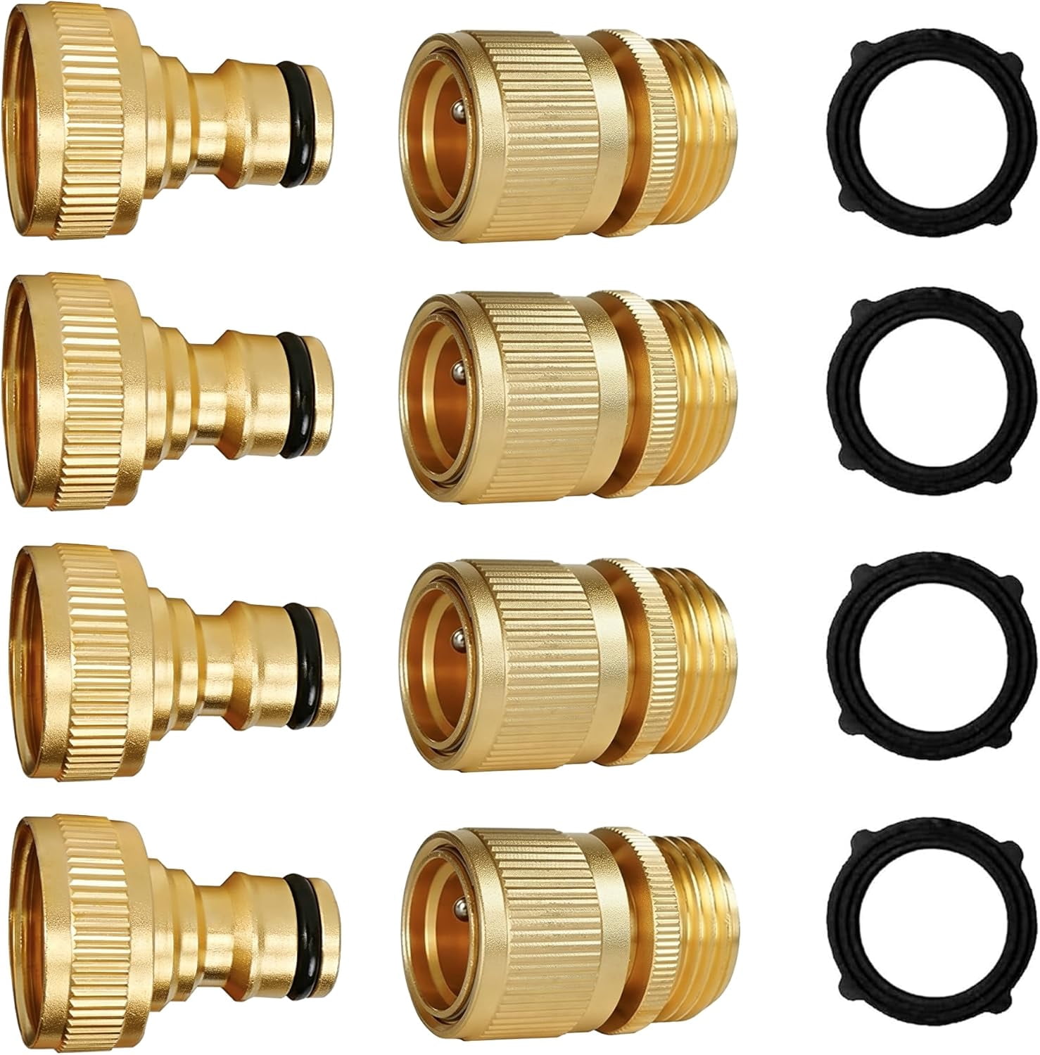 Garden Hose Quick Connect, 4 Set Solid Brass 3/4 Inch GHT Thread Garden Hose Quick Connect Fittings, No-Leak Male and Female Water Hose Quick Release Connectors