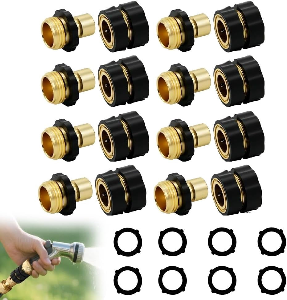 Garden Hose Quick Connector,3/4 Inch GHT Solid Brass Garden Hose Quick Connect Fittings, Water Hose Connectors with Leak-Proof Seal & Universal Fit for Outdoor Gardening and Cleaning Use (8 Sets)