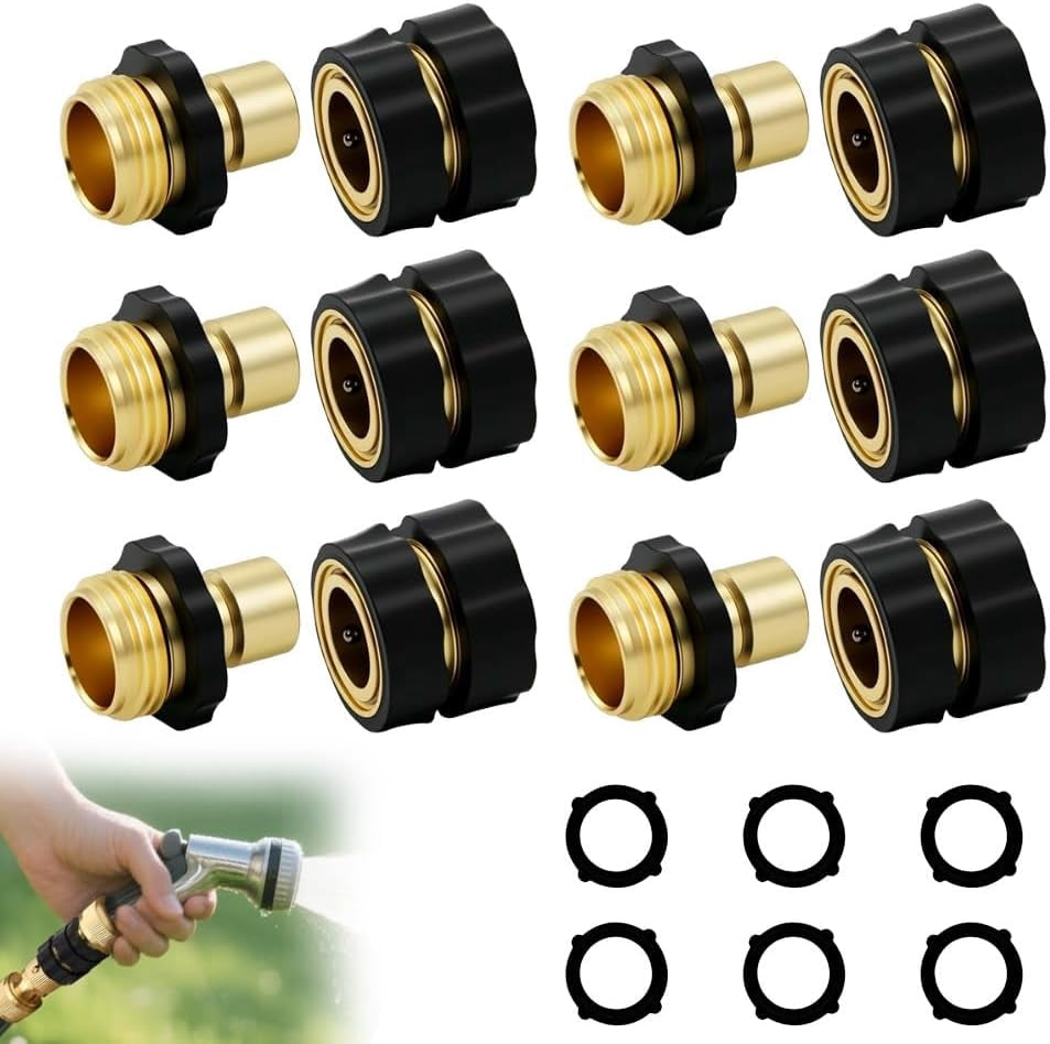 Garden Hose Quick Connector,3/4 Inch GHT Solid Brass Garden Hose Quick Connect Fittings, Water Hose Connectors with Leak-Proof Seal & Universal Fit for Outdoor Gardening and Cleaning Use (6 Sets)