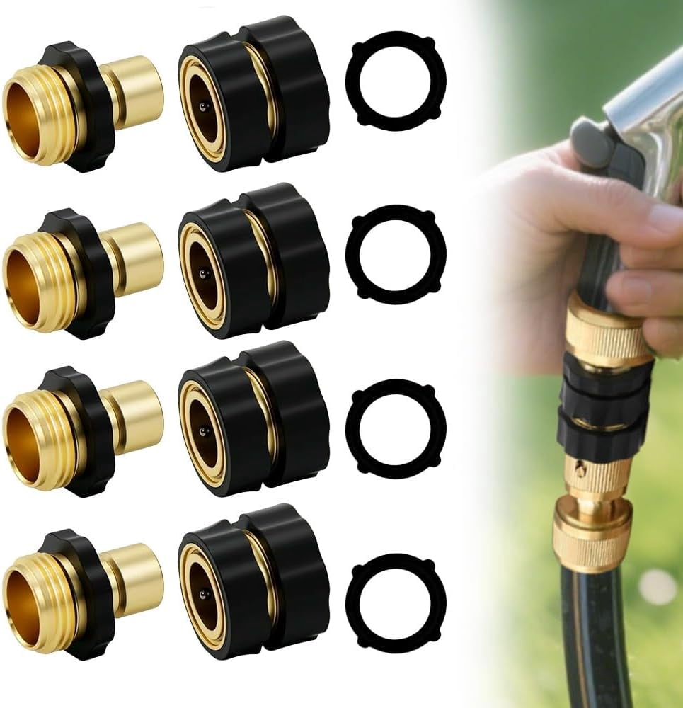 Garden Hose Quick Connector,3/4 Inch GHT Solid Brass Garden Hose Quick Connect Fittings, Water Hose Connectors with Leak-Proof Seal & Universal Fit for Outdoor Gardening and Cleaning Use (4 Sets)