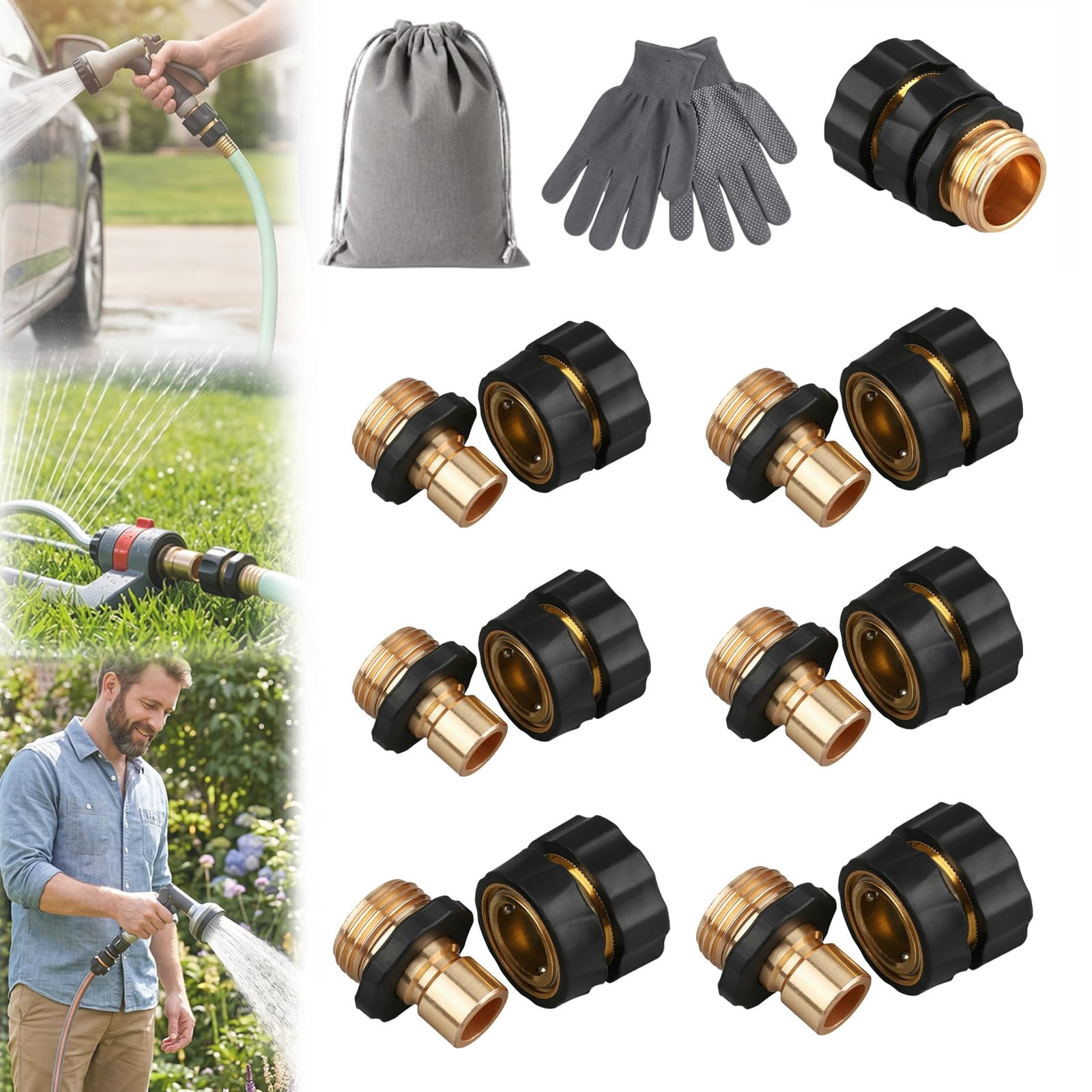 Garden Hose Quick Connector, Quick Connect Garden Hose Fittings, 2026 Upgrade 3/4 Inch Solid Brass Quick Connect, Leak-Proof Instant Fit for Garden Hose & Pressure Washer, Easy Coupler Kit