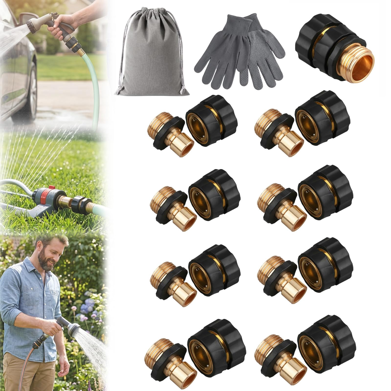 Garden Hose Quick Connector, Quick Connect Garden Hose Fittings, 2026 Upgrade 3/4 Inch Solid Brass Quick Connect, Leak-Proof Instant Fit for Garden Hose & Pressure Washer, Easy Coupler Kit