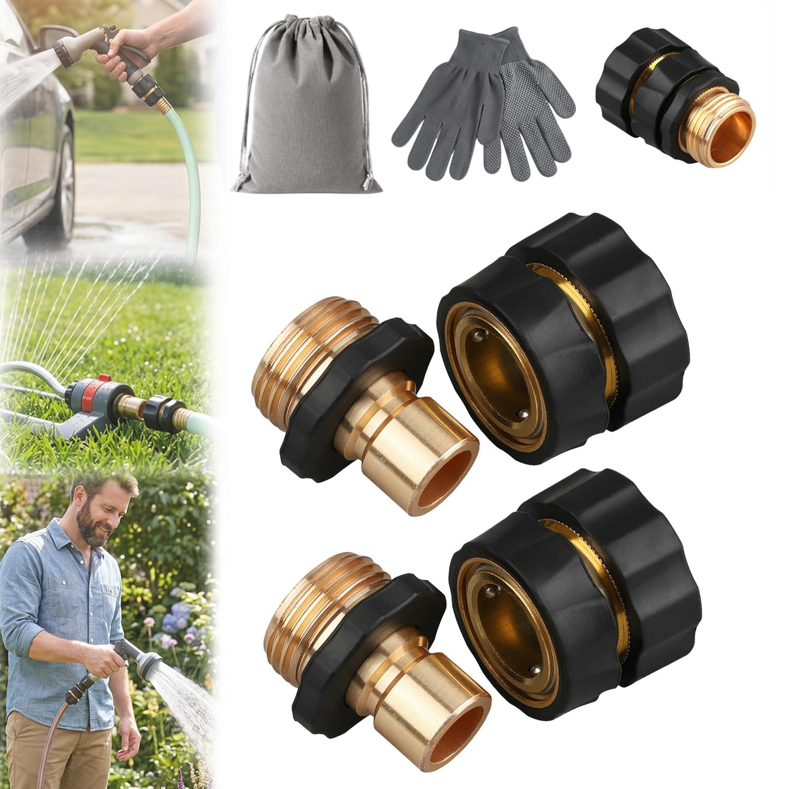 Garden Hose Quick Connector, Quick Connect Garden Hose Fittings, 2026 Upgrade 3/4 Inch Solid Brass Quick Connect, Leak-Proof Instant Fit for Garden Hose & Pressure Washer, Easy Coupler Kit