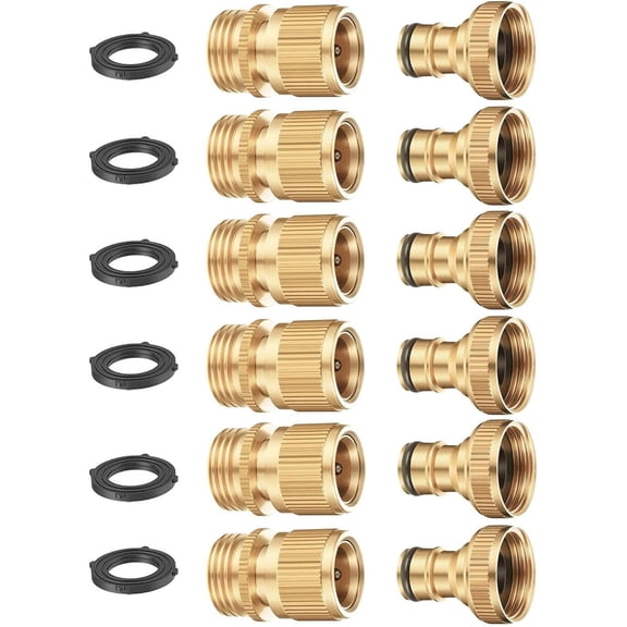 Garden Hose Quick Connector Set, Solid Brass 3/4 Inch Water Fitings Thread Easy Connect No-Leak Male Female 6 Sets