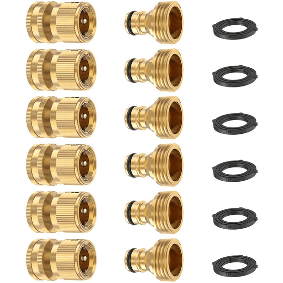 Garden Hose Quick Connector Solid Brass,3/4 Inch GHT Thread Fitting No-Leak Water Hose Fittings Female and Male Adapter (6 Sets)