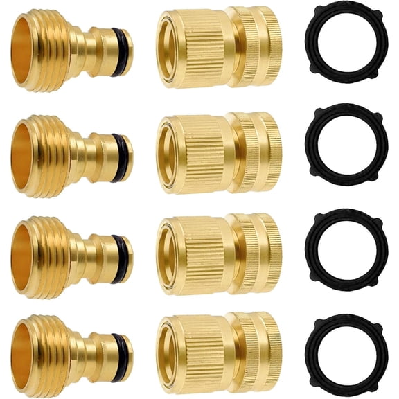 Garden Hose Quick Connector, Solid Brass 3/4 Inch GHT Thread Garden Quick Connect Kit, Male and Female No-Leak Water Hose Fittings (4 Set)