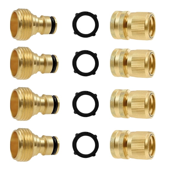 Garden Hose Quick Connector, Solid Brass 3/4 Inch GHT Thread Garden Quick Connect Kit, Male and Female No-Leak Water Hose Fittings (4 Set)