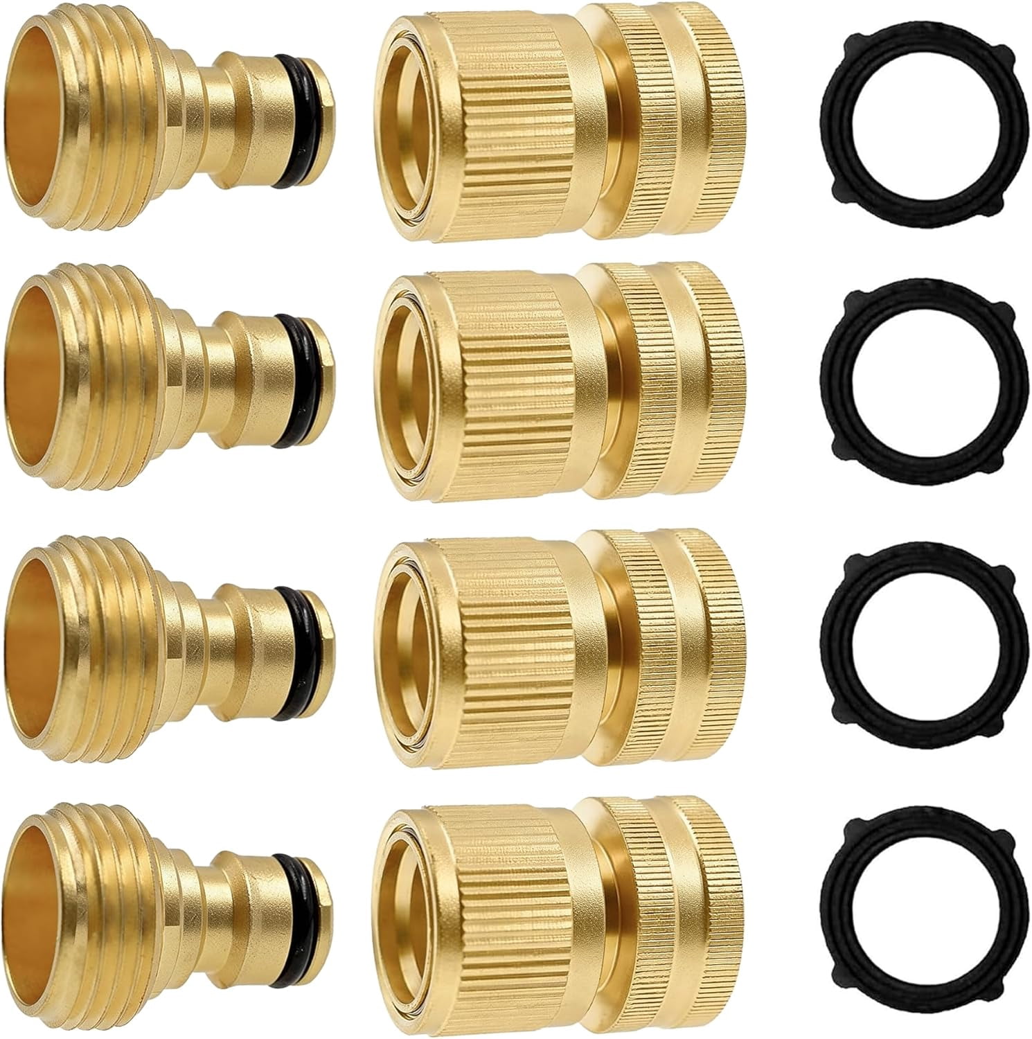Garden Hose Quick Connector, Solid Brass GHT Thread Connect Kit, Male and Female No-Leak Water Fittings (4 Set)