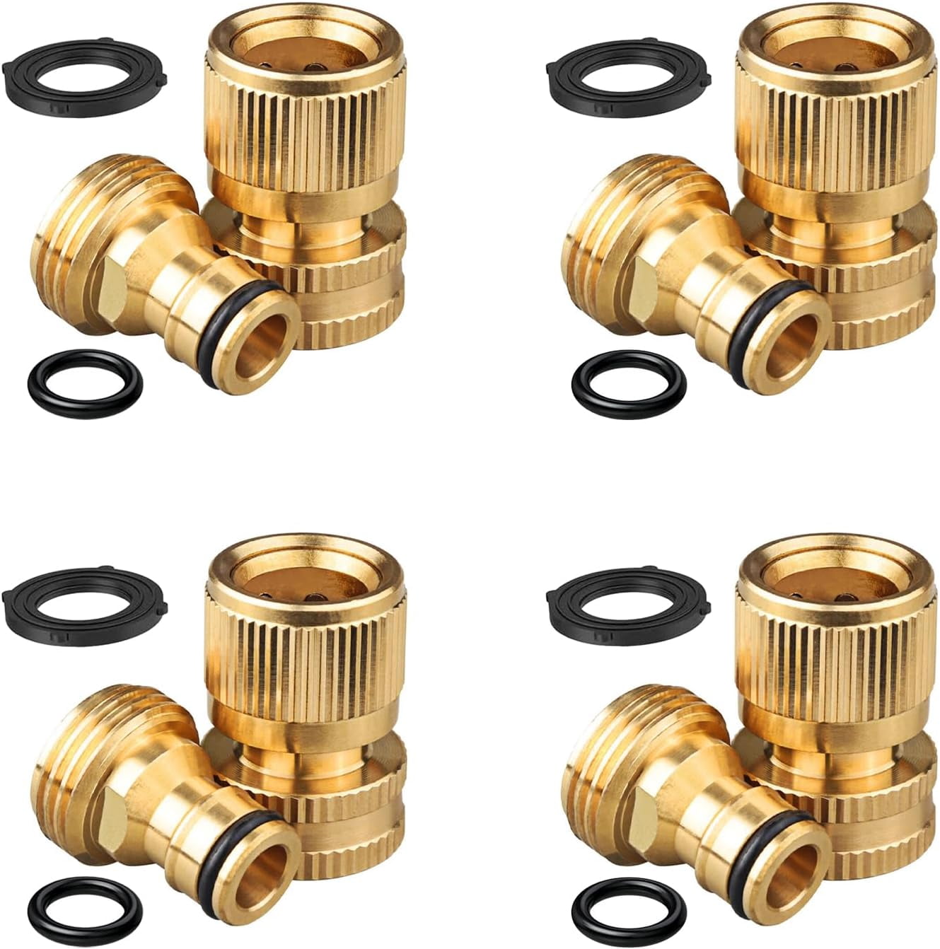 Garden Hose Quick Connector, Solid Brass Standard 3/4 inch GHT Threaded Couplings,Garden Hose Quick Connect Fittings Kit, Easy to Install,No-Leak Water Female and Male Connector (4-piece set)