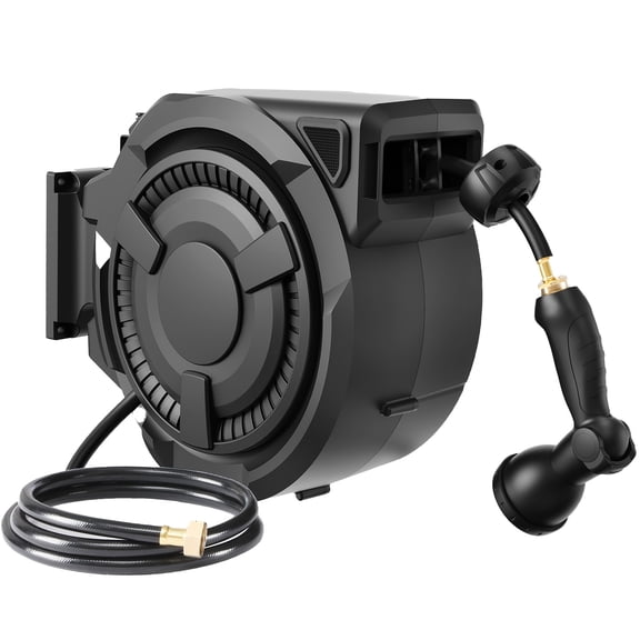 Garden Hose Reel 1/2in , 130ft Heavy Duty Automatic Hose Reel, Garden Water Hose Reel, with Slow Return System, Heavy Duty Wall Mounted Hose Reel with 10- Function Sprayer Nozzle,