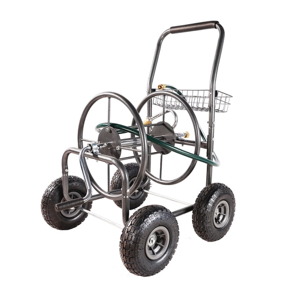 Garden Hose Reel Cart - 4 Wheels Portable Garden Hose Reel Cart with Storage Basket Rust Resistant Heavy Duty Water Hose Holder