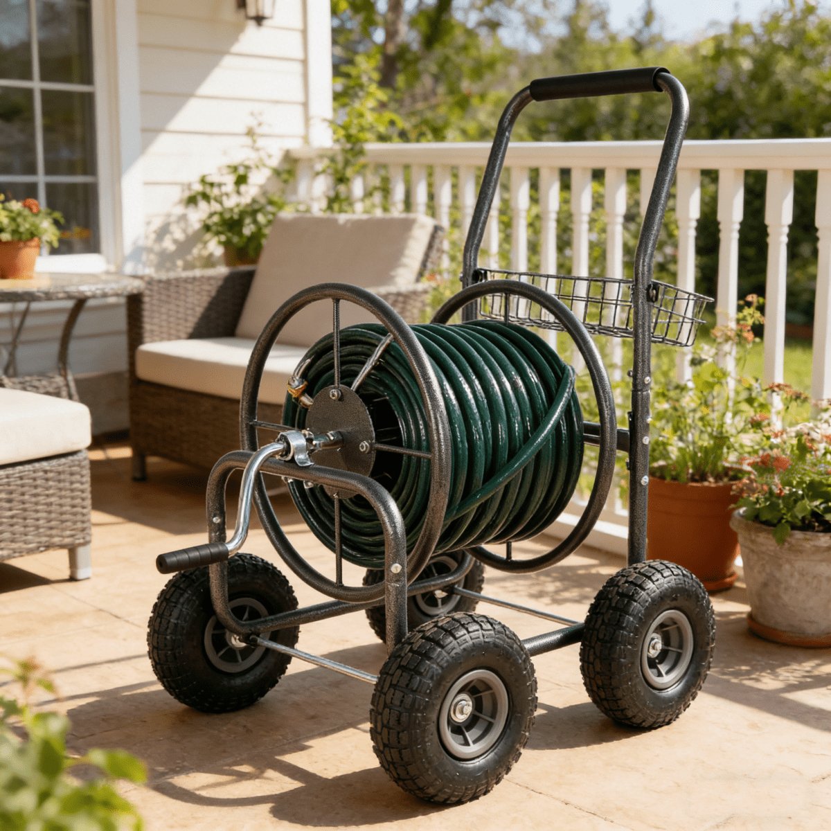Garden Hose Reel Cart - 4 Wheels Portable Garden Hose Reel Cart with Storage Basket Rust Resistant Heavy Duty Water Hose Holder