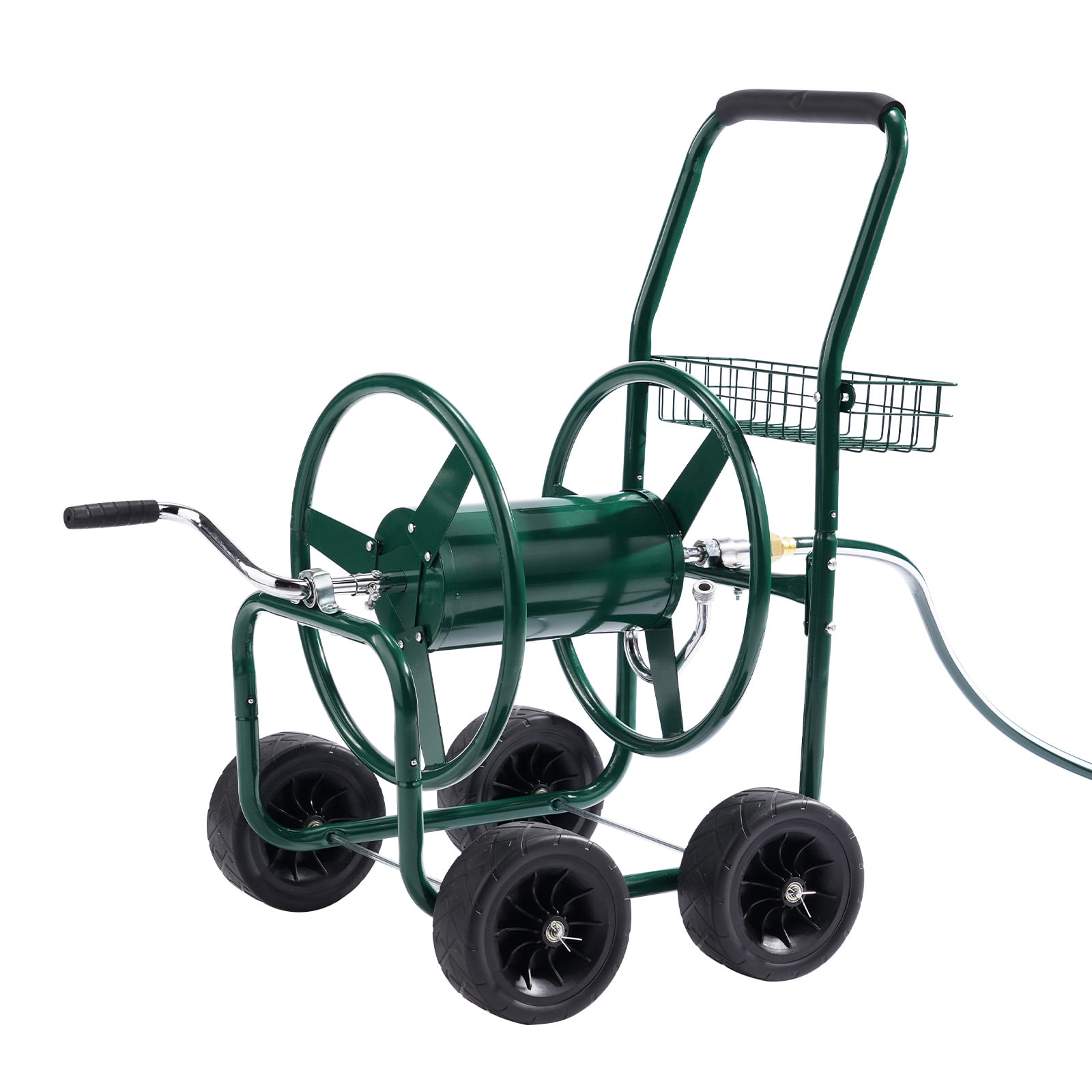 Garden Hose Reel Cart Holds 250ft Hose, Powder-Coated Steel Frame with Brass Fittings, 4-Wheel Mobile Design, Storage Basket, Outdoor Watering Cart for Yard Lawn Patio