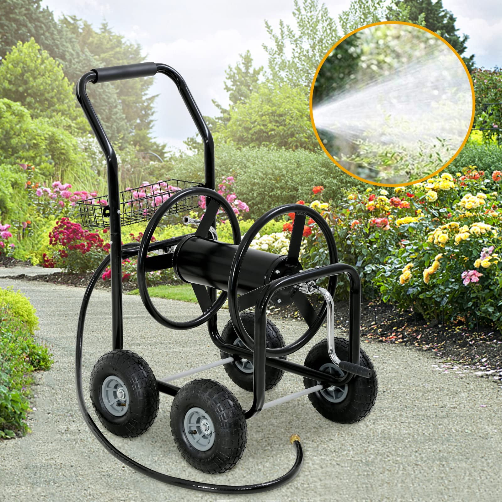 Garden Hose Reel Cart, Hose Reel Cart with 4 Wheels, Heavy Duty Outdoor  Water Planting Truck with Storage Basket (Black) 