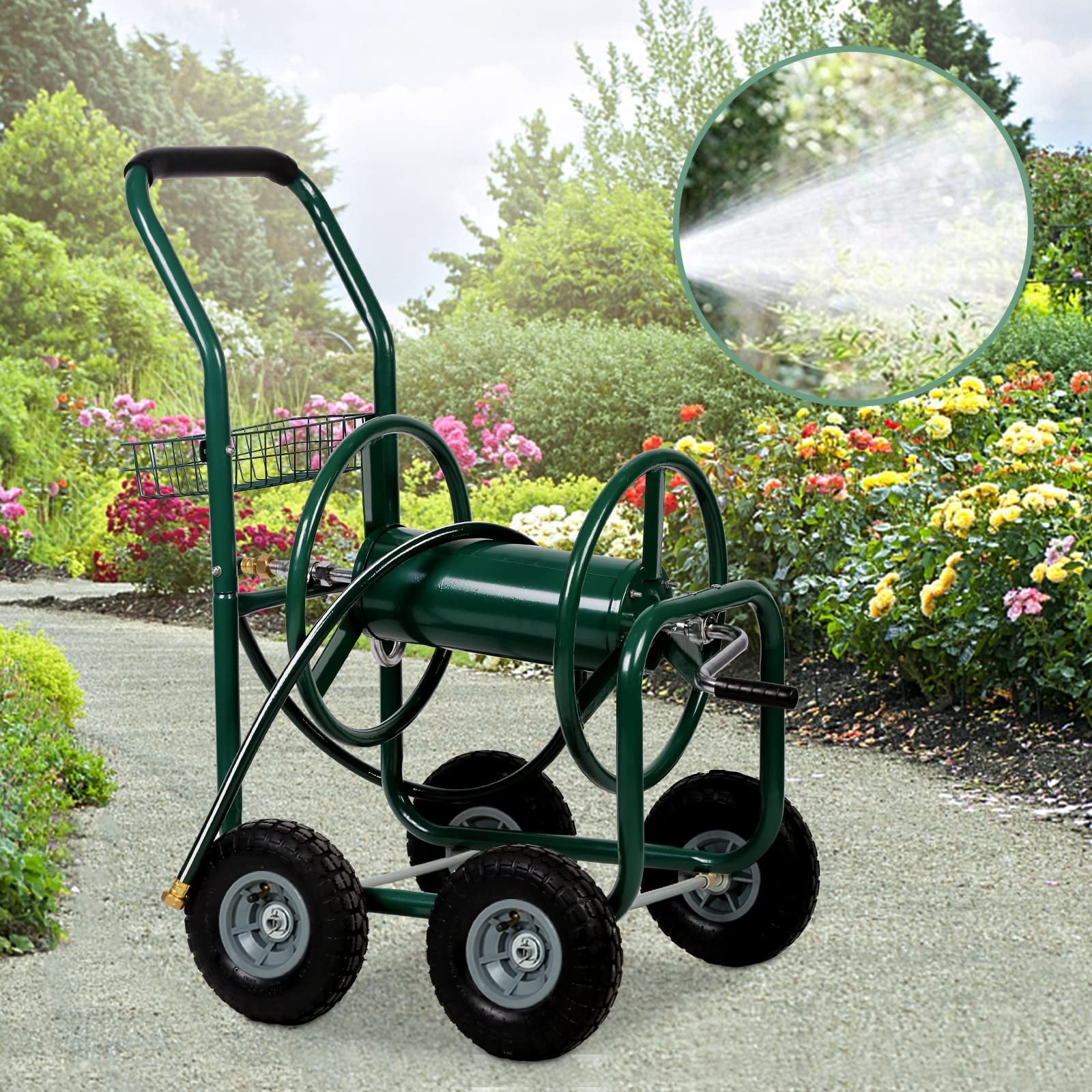 Garden Hose Reel Cart,  Hose Reel Cart with  4 Wheels, Heavy Duty Outdoor Water Planting Truck with Storage Basket (Green)