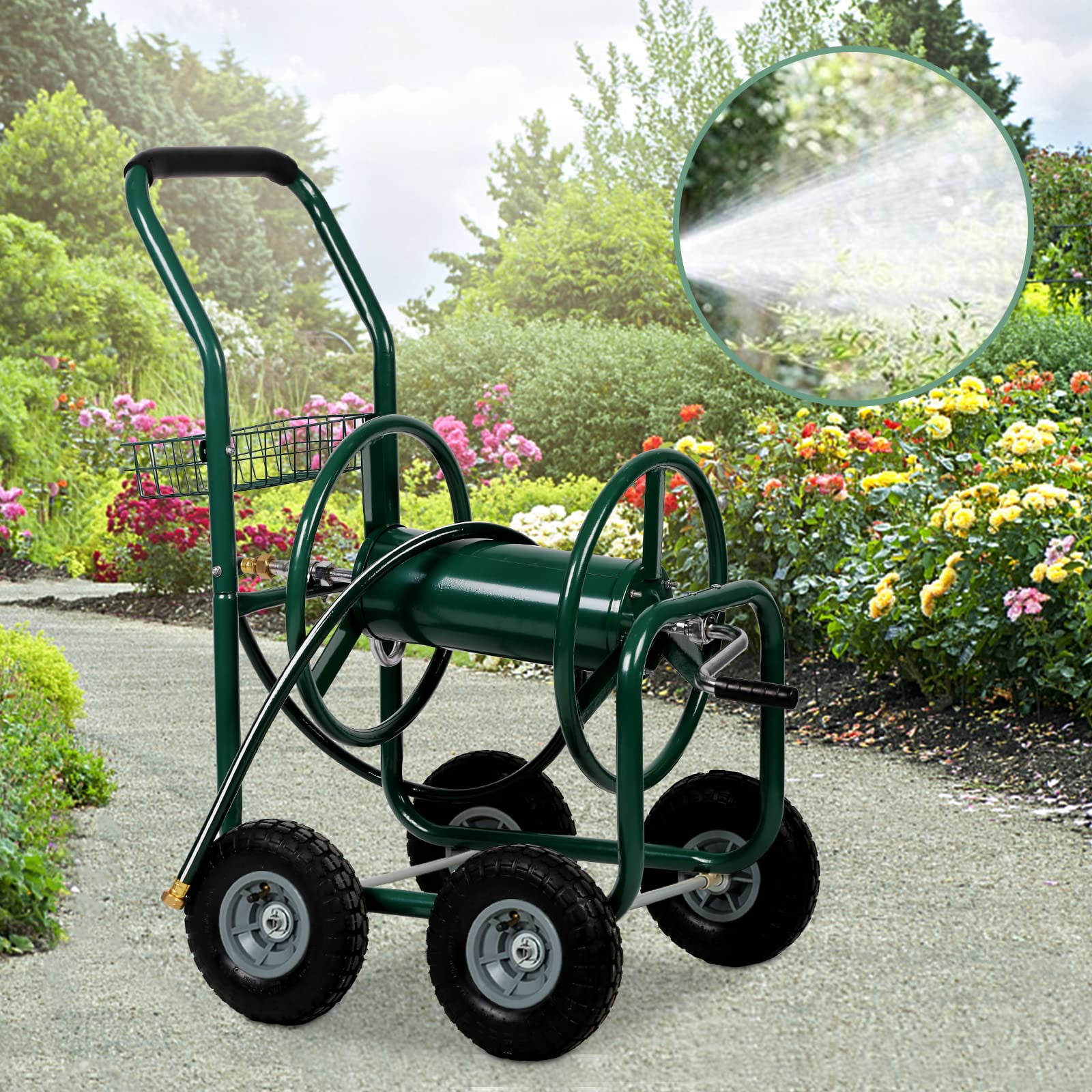 Dropship Garden Hose Reel Cart - 4 Wheels Portable Garden Hose Reel Cart  With Storage Basket Rust Resistant Heavy Duty Water Hose Holder to Sell  Online at a Lower Price