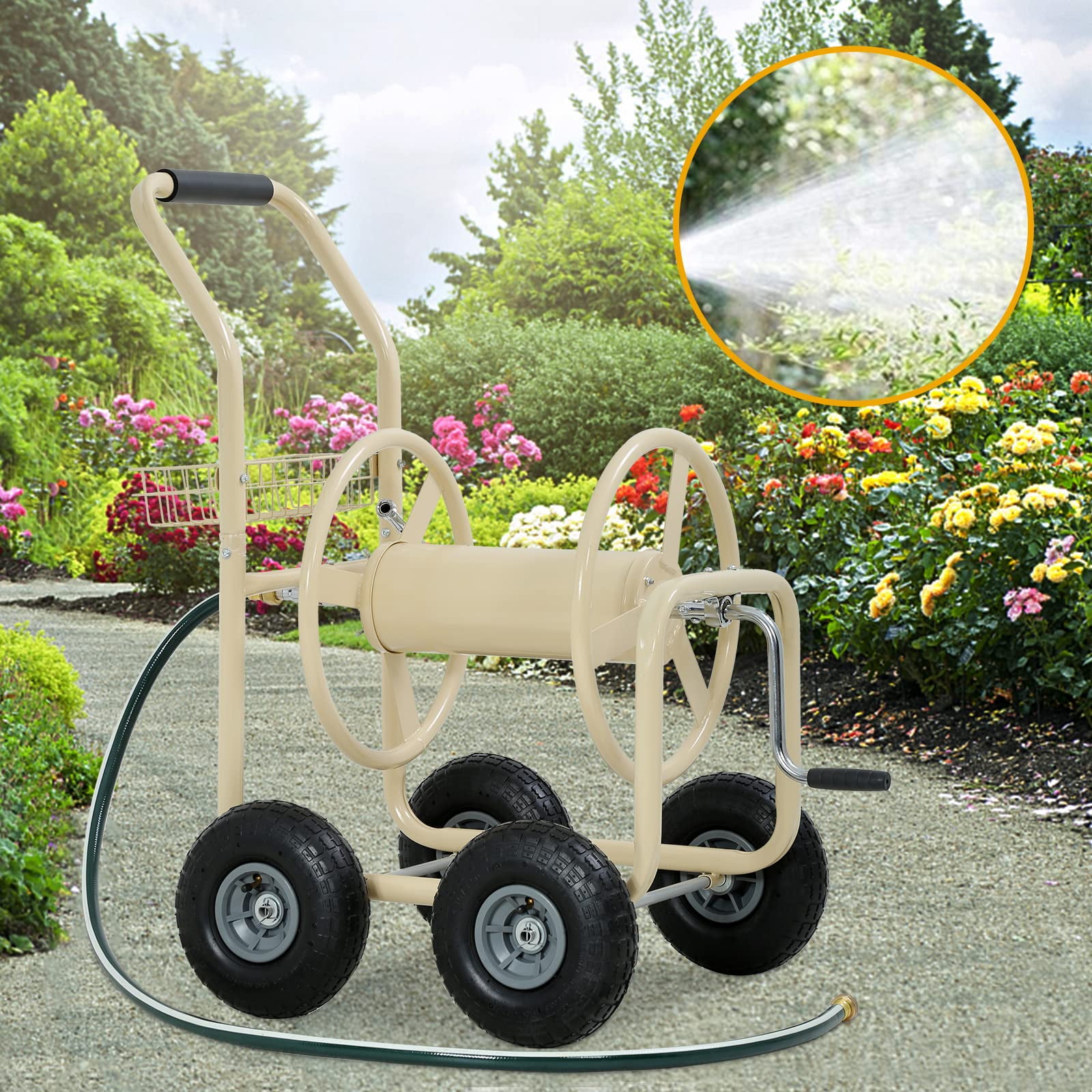 Garden Hose Reel Cart, Hose Reel Cart with 4 Wheels, Heavy Duty Outdoor  Water Planting Truck with Storage Basket (Tan)