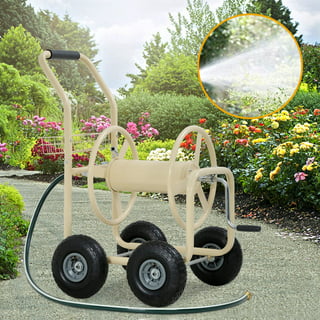 4 Wheels Portable Garden Hose Reel Cart with Storage Basket Rust Resistant Heavy-Duty Water Hose Holder