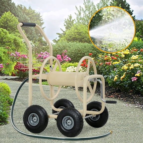 Garden Hose Reel Cart, Hose Reel Cart with 4 Wheels, Heavy Duty Outdoor Water Planting Truck with Storage Basket (Tan)