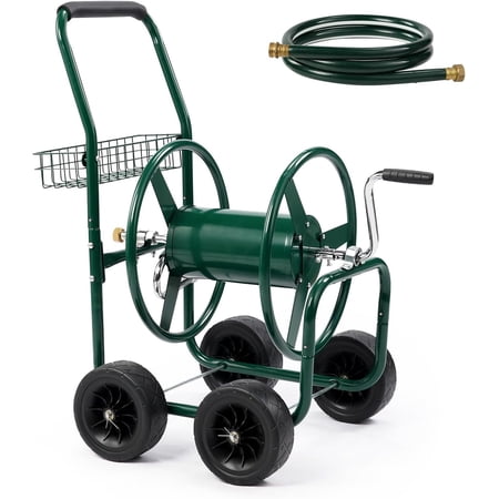 Garden Hose Reel Cart, Lawn Water Planting Cart with Wheels, Heavy Duty Outdoor Yard Water Planting Truck Holds 250-Feet of 5/8-Inch Hose with Storage Basket for Patio Farm(Green)