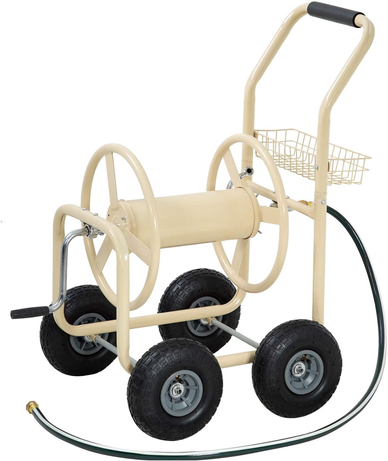 FDW Garden Hose Reel Cart, Water Hose Cart with 4 Wheels, Hold Up to 300 ft of 5/8’’ Hose,Tan