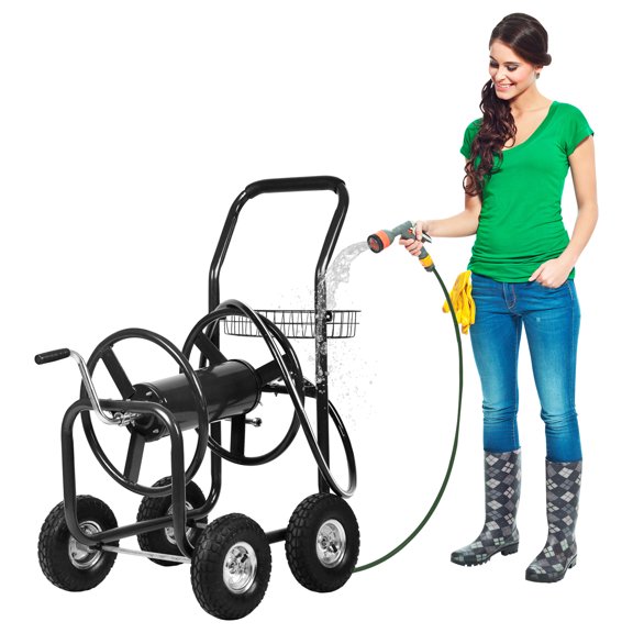 Garden Hose Reel Cart with Wheels Heavy Duty Hose Reels Cart Water Hose Cart Holds 300-Feet of 5/8"" Hose for Yard Water Planting Outdoor Garden Lawn Water Truck w/Storage Basket, Black