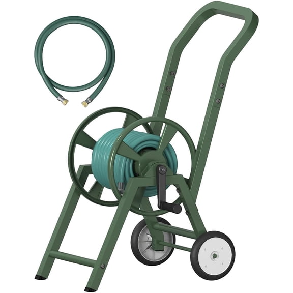 Garden Hose Reel Cart with Wheels, Holds 165 ft of 5/8 Outdoor Heavy Duty Powder-coated Steel Water Storage Winder Holder 3.9 Ft Leader for Outside Lawn Yard, Green