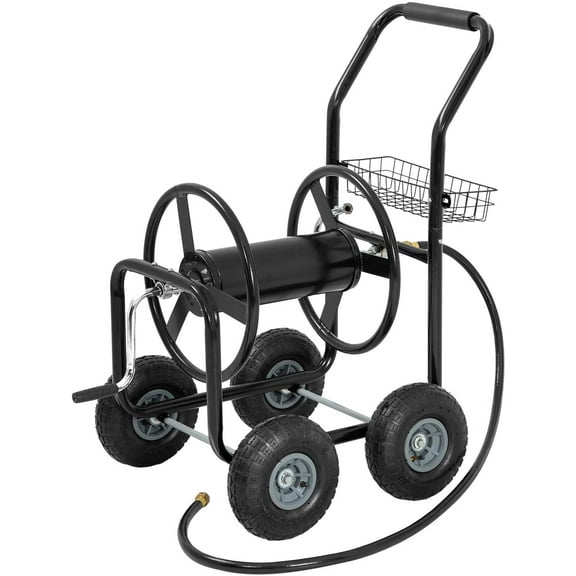 Garden Hose Reel Cart with Wheels Garden Lawn Water Truck Water Planting Cart Heavy Duty Outdoor Yard Water Planting Holds 300-Feet of 5/8-Inch Hose with Storage Basket, Black
